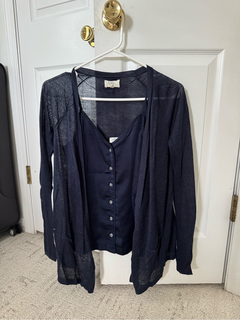 J. Crew Navy Satin Button-Front Camisole with Navy Sheer Cardigan